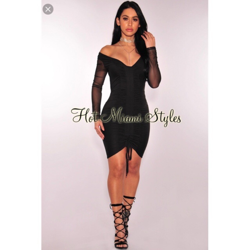 Hot Miami Styles Black Ruched Mesh Dress